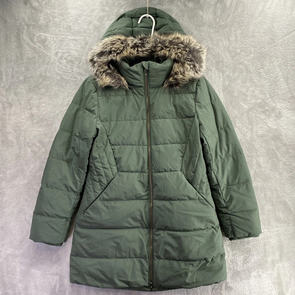 Lands' End Women Down Filled Puffer Full Long Green Coat w/Fur Hood S